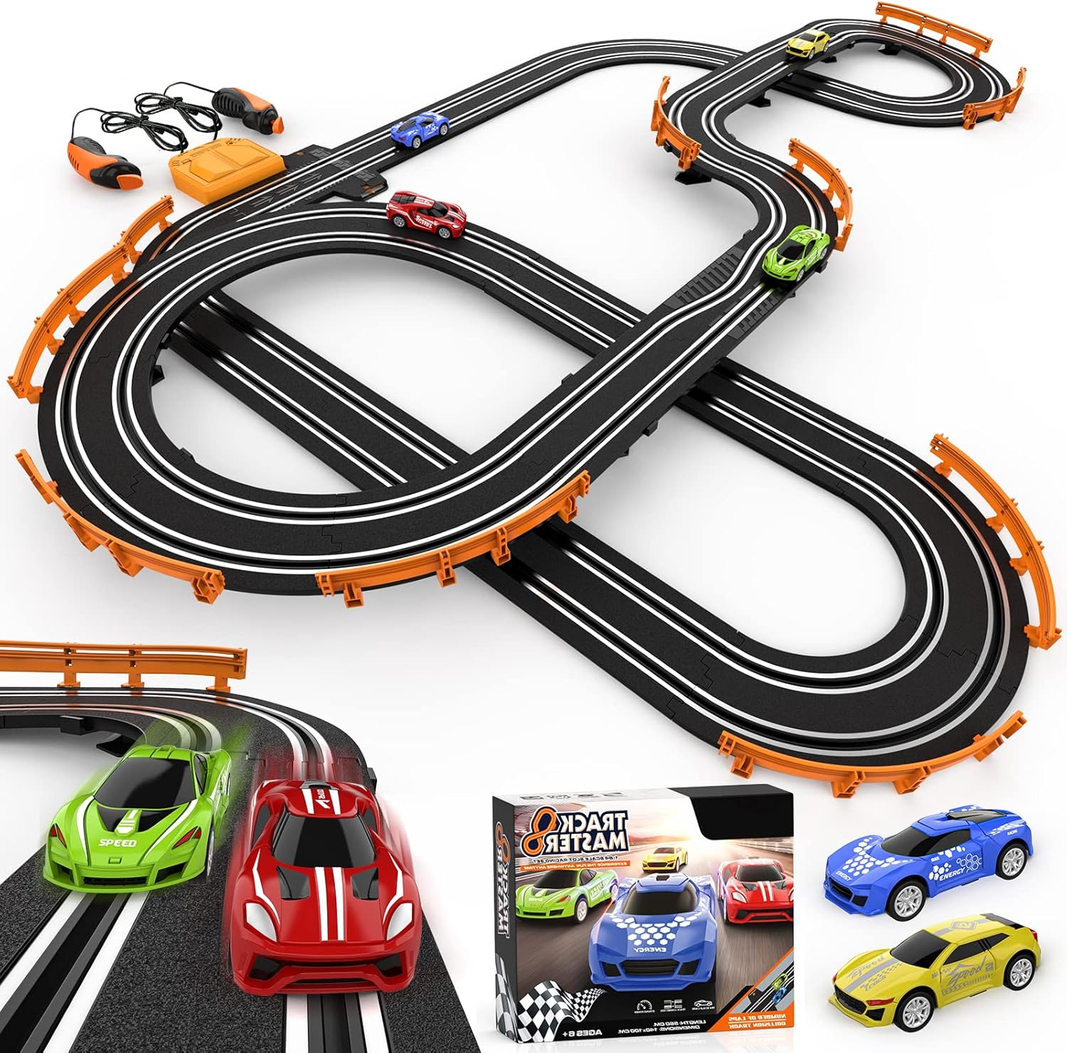 Pista de Carreras con 4 Autos de Alta Velocidad — Juego Dual con Contador de Vueltas, Paso Elevado Circular, Para Niños de 6 a 12 Años
