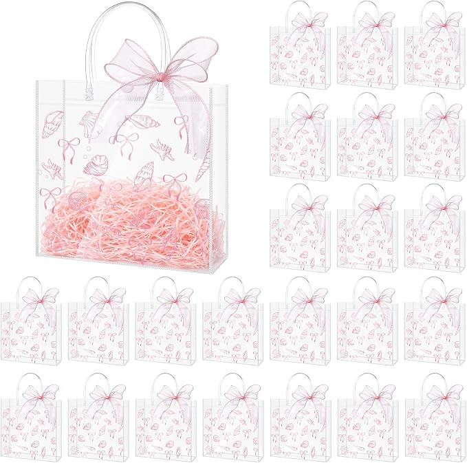 Sweetude 24 bolsas de regalo de PVC transparente de concha de mar con lazo rosa a granel con asa, bolsas de regalo de fiesta de conchas marinas para cumpleaños, verano, suministros de boda, 7.9 x 7.9 x 3.2 pulgadas