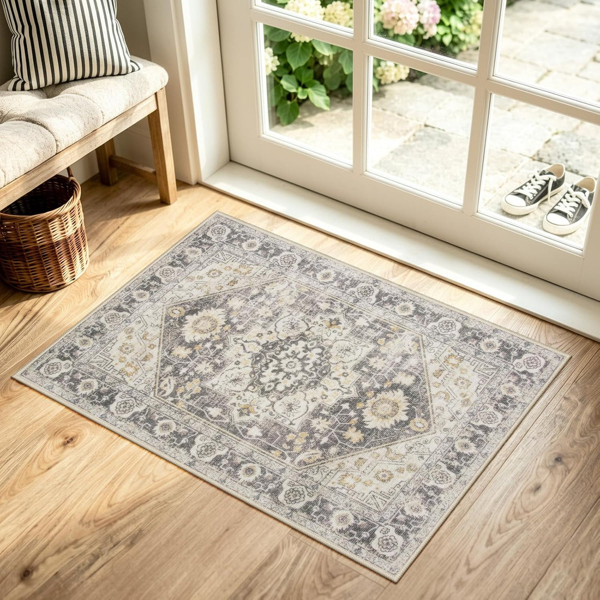Felpudo lavable para interiores Collive, felpudo retro antideslizante de 51 x 81 cm, alfombra pequeña de rápida absorción para entrada, felpudo para puerta principal en color topo desgastado/multicolor, felpudo de bienvenida para entrada, cocina