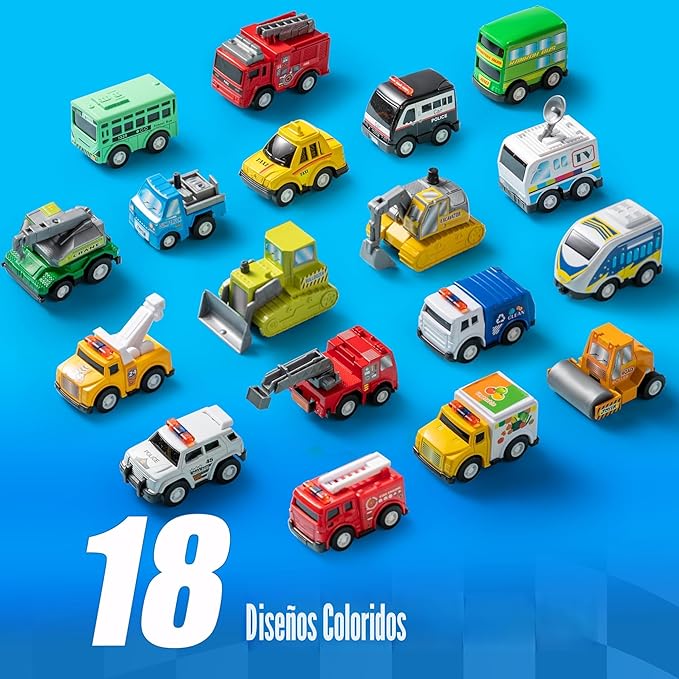 JOYIN Juego de 18 vehículos de juguete de autos y camiones de ciudad con retroceso, juguetes de autos con motor de fricción para niños pequeños