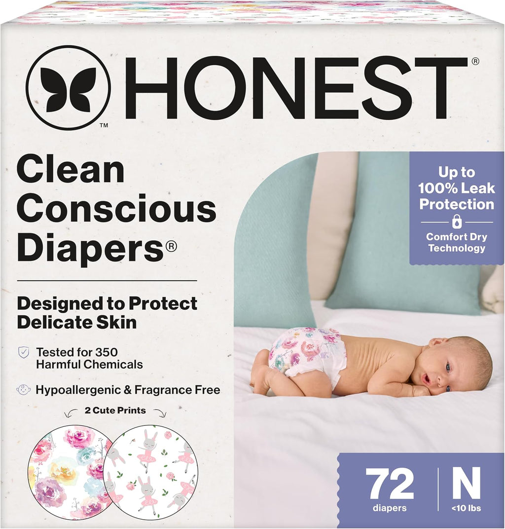 Pañales desechables diurnos Comfort Dry de The Honest Company para piel sensible, hipoalergénicos, estampado de rosas y tutú, caja Club Box, talla recién nacido, 72 unidades.