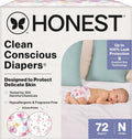 Pañales desechables diurnos Comfort Dry de The Honest Company para piel sensible, hipoalergénicos, estampado de rosas y tutú, caja Club Box, talla recién nacido, 72 unidades.