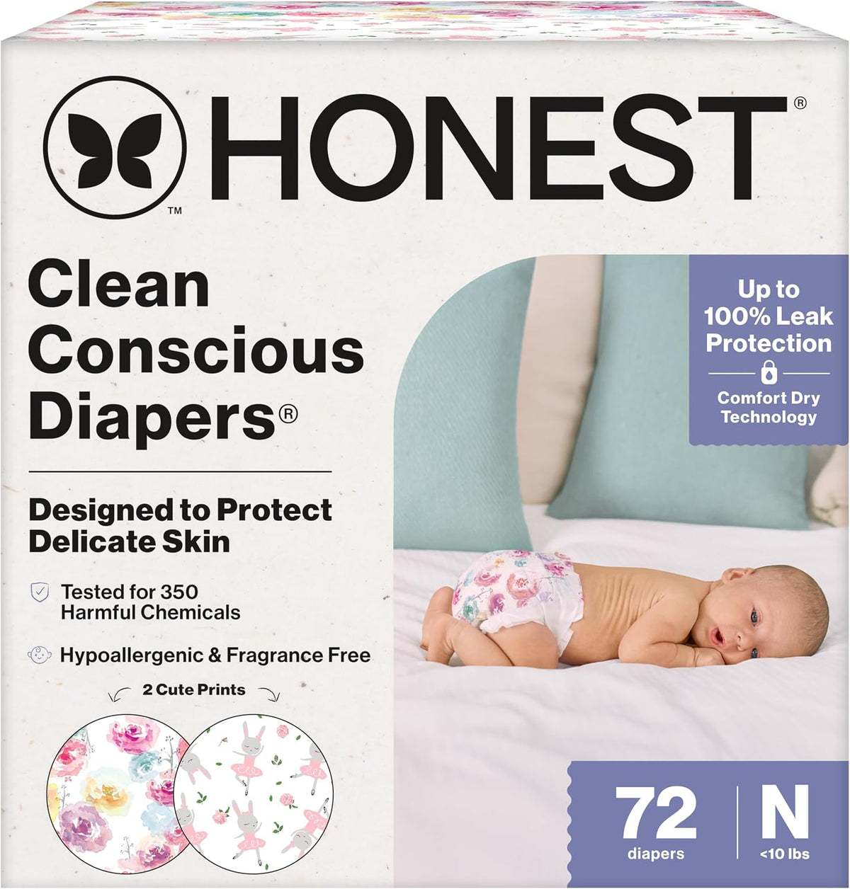 Pañales desechables diurnos Comfort Dry de The Honest Company para piel sensible, hipoalergénicos, estampado de rosas y tutú, caja Club Box, talla recién nacido, 72 unidades.