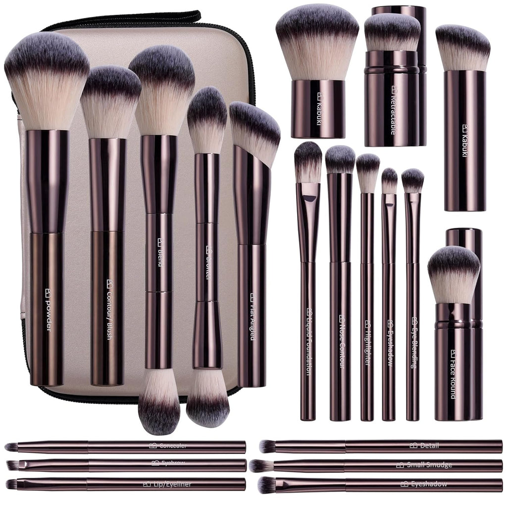 SOLO SE INCLUYEN 16 BROCHAS-Set de Brochas de Maquillaje BS-MALL Profesionales con Estuche de Viaje | Base, Polvo, Corrector, Labios y Sombras | Tubo de Aluminio | Uso Diario