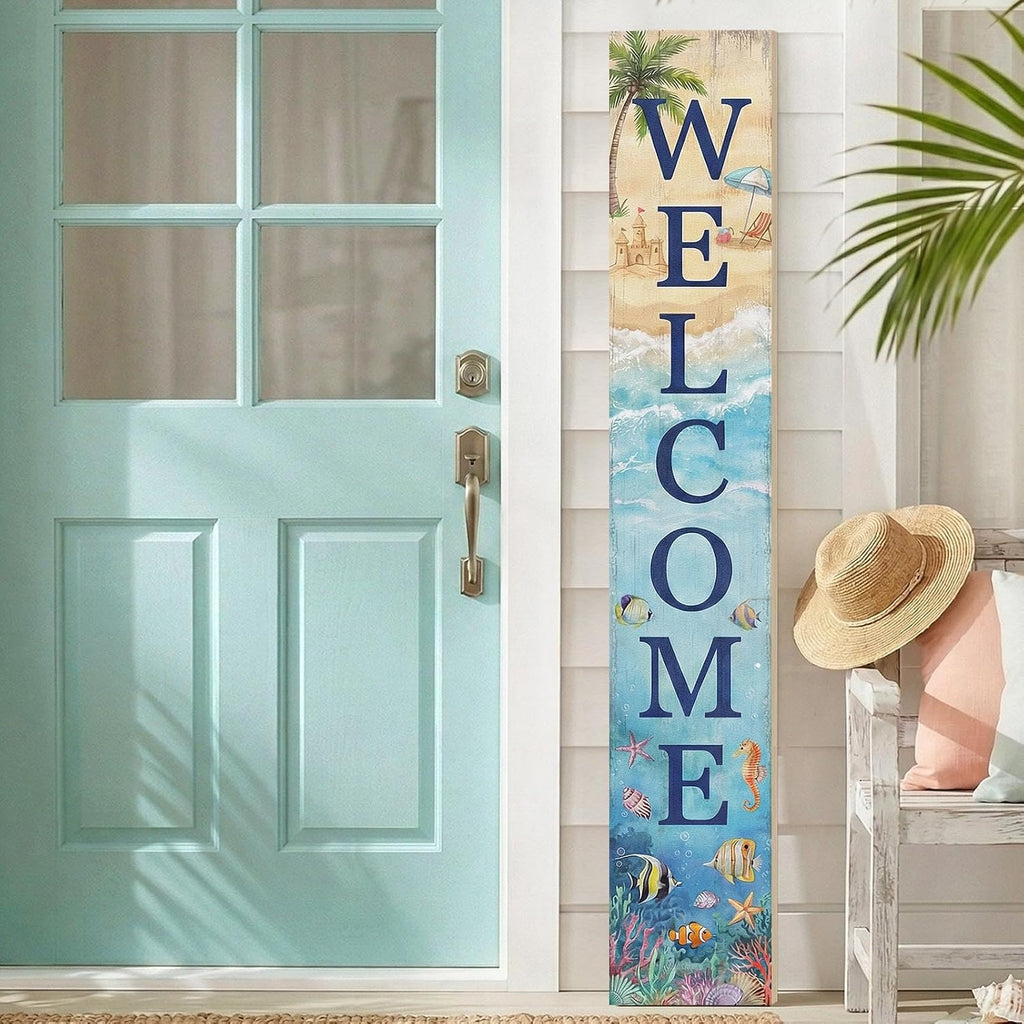 Letrero Bienvenida Costero Veraniego de Madera 120 cm | Temática Playa | Decoración Vertical Exterior | Porche Puerta Jardín Estilo Rústico | 1 Unidad