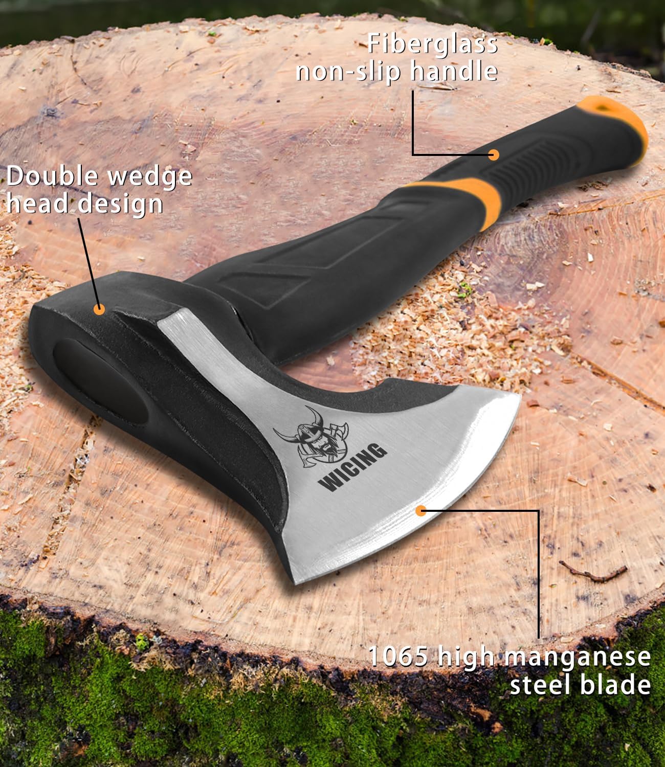 Hacha de división, hacha de campamento de 15 pulgadas, hacha de corte 1065 de acero de manganeso alto y mango ergonómico de fibra de vidrio