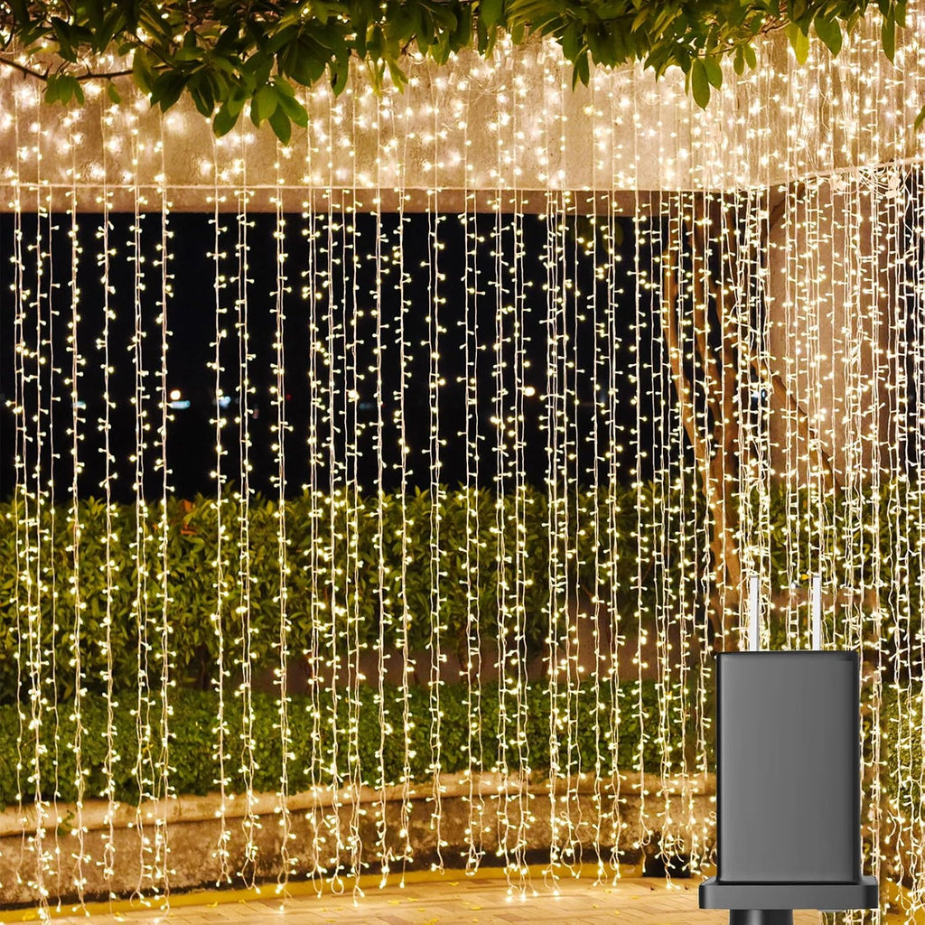 Cortina de luces LED Solhice para exteriores, 15 m x 3 m, 1000 luces LED colgantes con enchufe para interiores y dormitorios, fondo de luces centelleantes para decoración de bodas al aire libre, blanco cálido (no conectable).