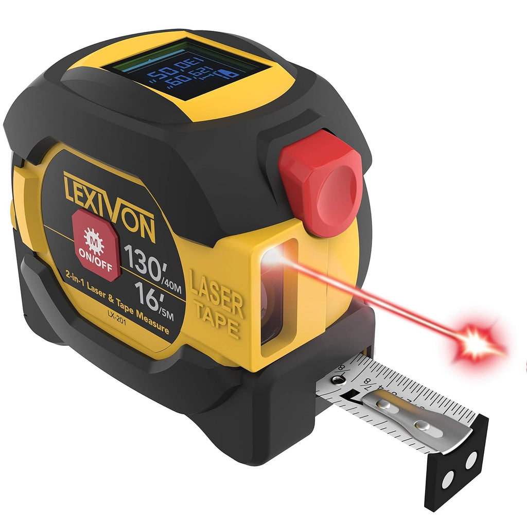 Cinta métrica láser digital 2 en 1 LEXIVON | Medidor de distancia láser de 40 m (130 pies) con pantalla LCD retroiluminada y cinta métrica de 5 m (16 pies) con bloqueo automático | Pies/Pulgadas/Fracciones/M/mm (LX-201) 