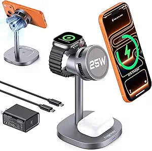 Estación de Carga Inalámbrica 3 en 1 Augnner – Qi2.2 25W Certificado, MagSafe, Enfriamiento Activo TEC, Para iPhone, Apple Watch y AirPods
