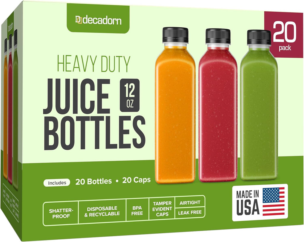 DECADORN Set de 20 Botellas de Jugo de 12oz con Tapa | Hechas en USA | Contenedores para Refrigerador | Sin BPA, Irrompibles y a Prueba de Fugas | Reciclables