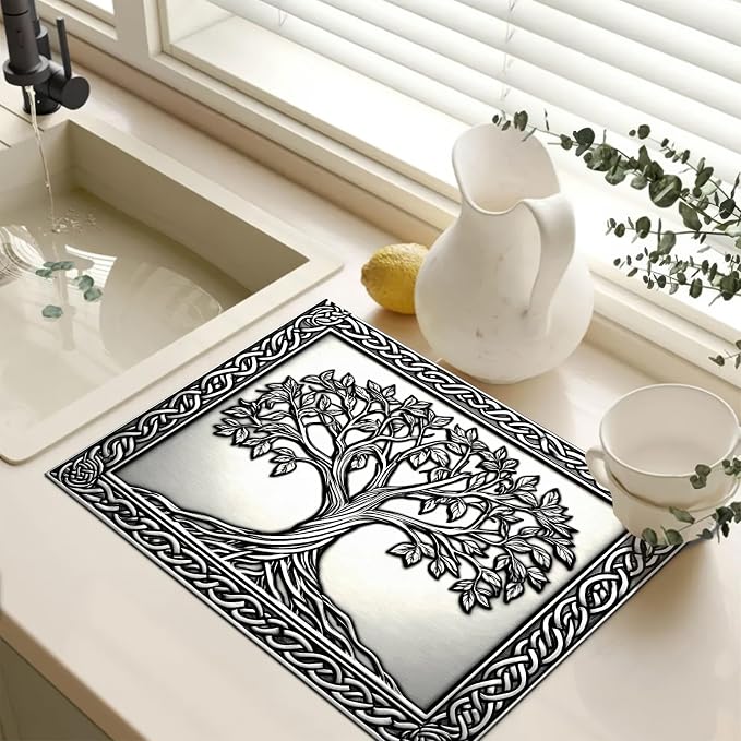 HOMETITUTE Tree of Life - Cubierta superior para estufa eléctrica, tapete de secado de platos con diseño celta plateado en relieve, 28 x 20 pulgadas, protector decorativo de cocina