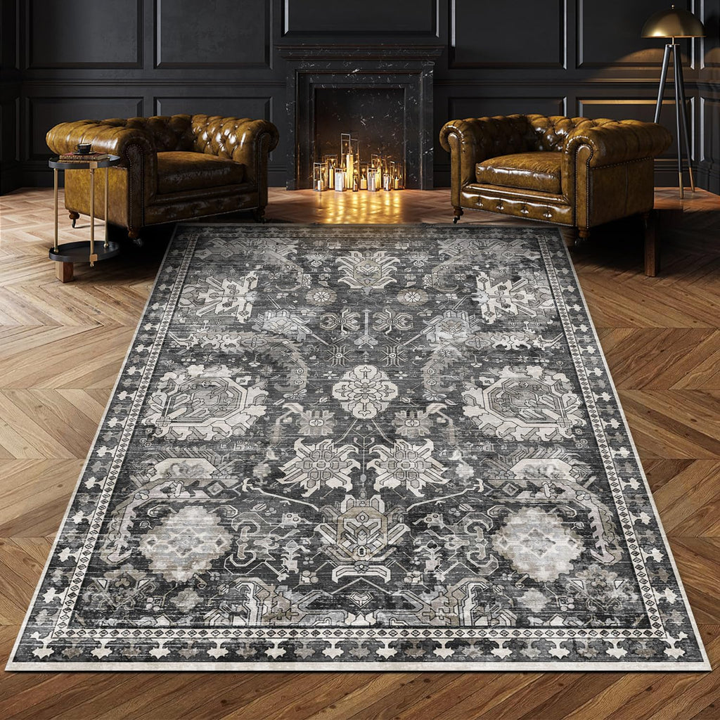 RUGSURE Alfombra Lavable 90x150cm | Antideslizante Resistente a Manchas | Diseño Tribal Vintage Gris Pet Friendly