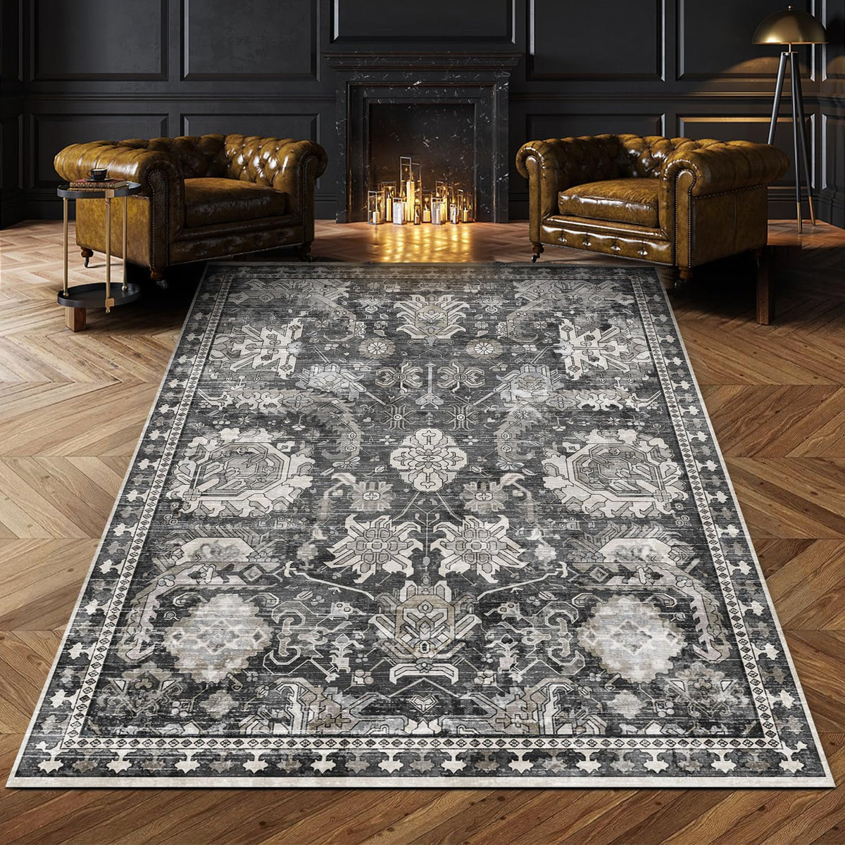 RUGSURE Alfombra Lavable 90x150cm | Antideslizante Resistente a Manchas | Diseño Tribal Vintage Gris Pet Friendly