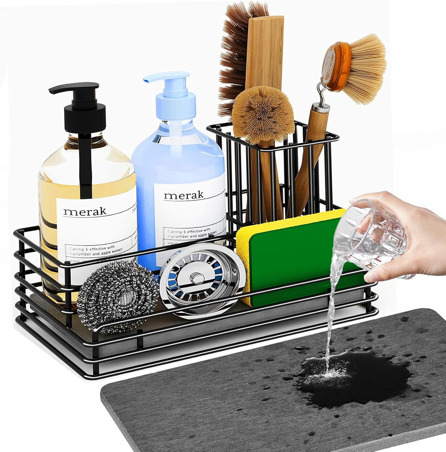 Organizador de fregadero Yofidra: Esponja con piedra de secado instantáneo, cesta de acero inoxidable para esponjas, estropajos y jabón, 24 x 14 x 14 cm, ideal para organizar y decorar el hogar. 