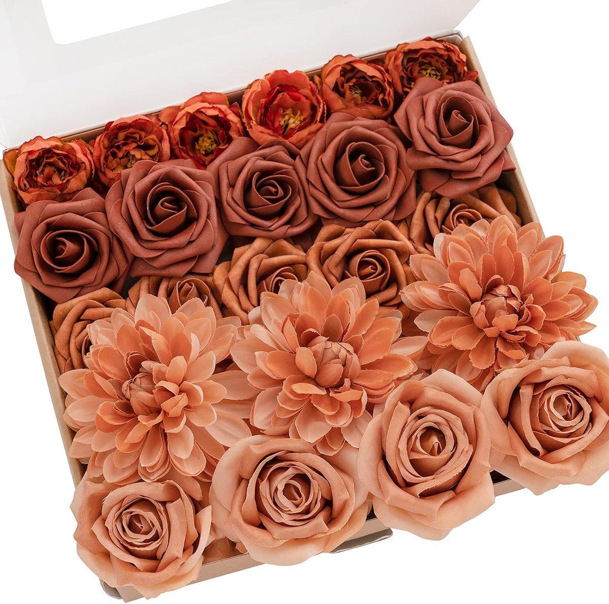 Flores artificiales Ling's moment, dalias de seda sintética y rosas de espuma sintética, paquete combinado para ramos de boda, centros de mesa, arreglos florales, despedidas de soltera y decoración del hogar, color ámbar y terracota, 23 piezas.
