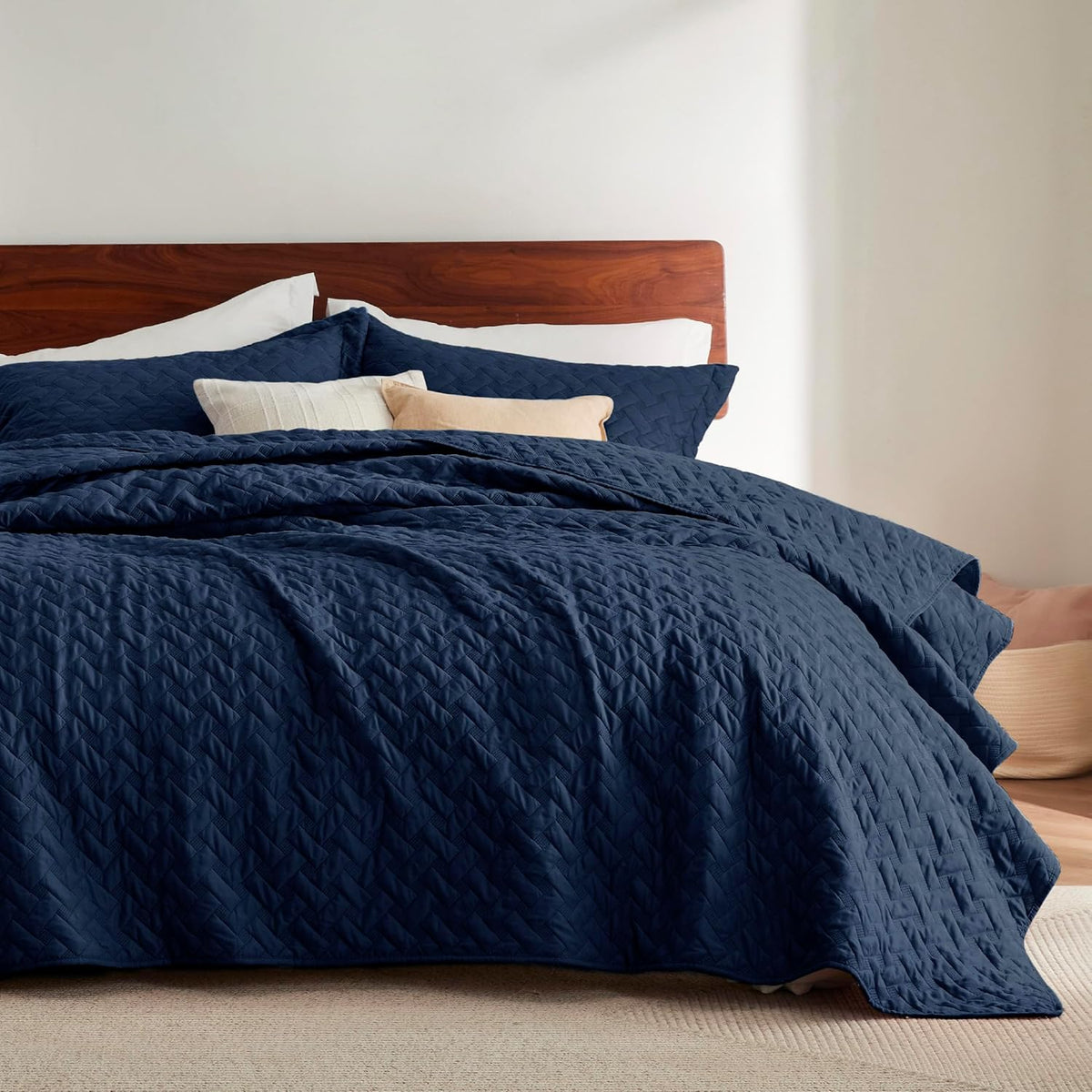 Colcha Bedsure King | Cubrecama Ligero con Patrón de Tejido de Cesta | Set Suave para Todas las Estaciones, Azul Marino, con 2 Fundas de Almohada | 106x96
