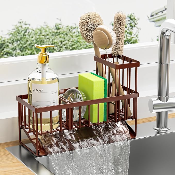 Cisily Organizador para fregadero de cocina, soporte de esponja para fregadero de cocina, organizador de fregadero de cocina y almacenamiento con soporte alto para cepillos, accesorios de fregadero de acero inoxidable 304 inoxidables (marrón)