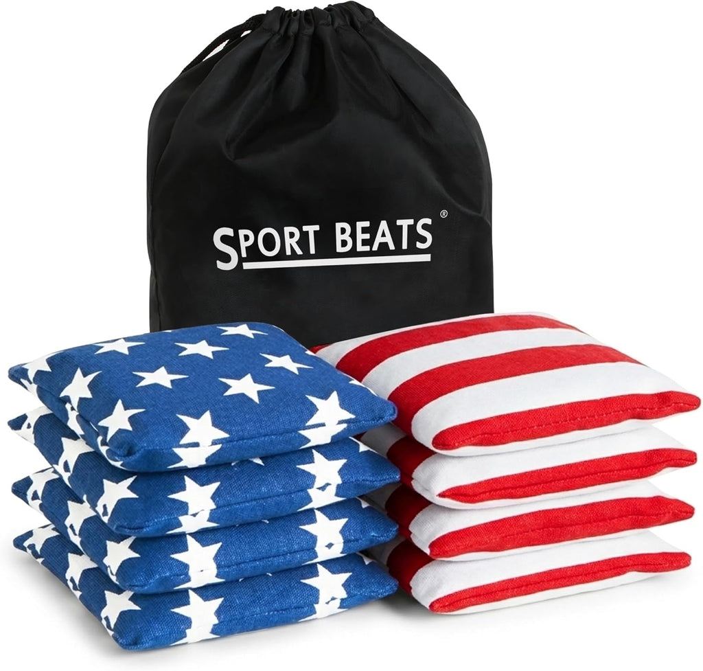 Juego de 8 bolsas para cornhole de SPORT BEATS - Bolsas de frijoles de tamaño y peso reglamentarios, lona resistente con doble costura para fiestas al aire libre, accesorios para juegos de jardín con bolsa de transporte, estrellas y rayas.