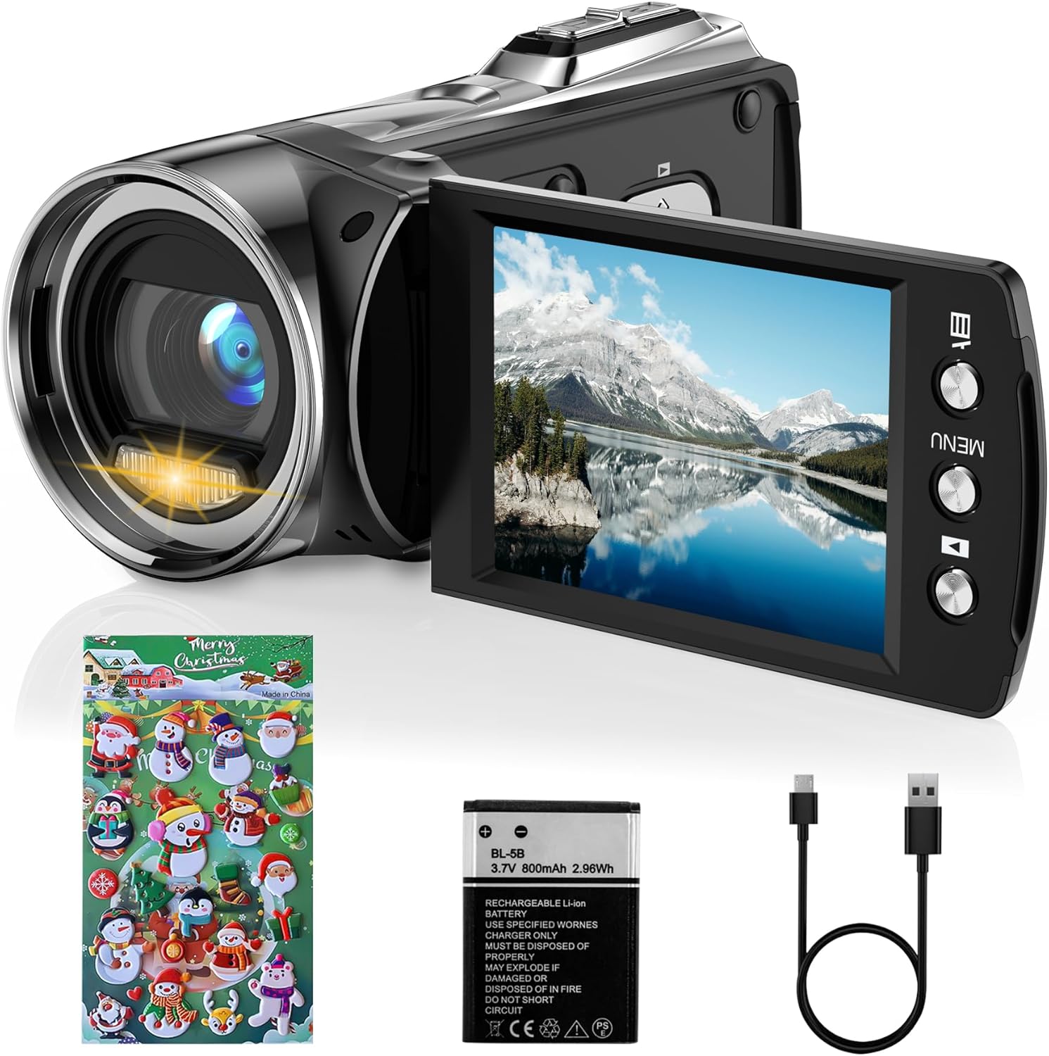 Rawiemy Video Camera Camcorder HD 2.7K 36MP Kids Camcorder Vlogging Camera for YouTube TikTok Digital Video Camera Recorder,Christmas Stickers,8X Digital Zoom Camera for Kids (Black)