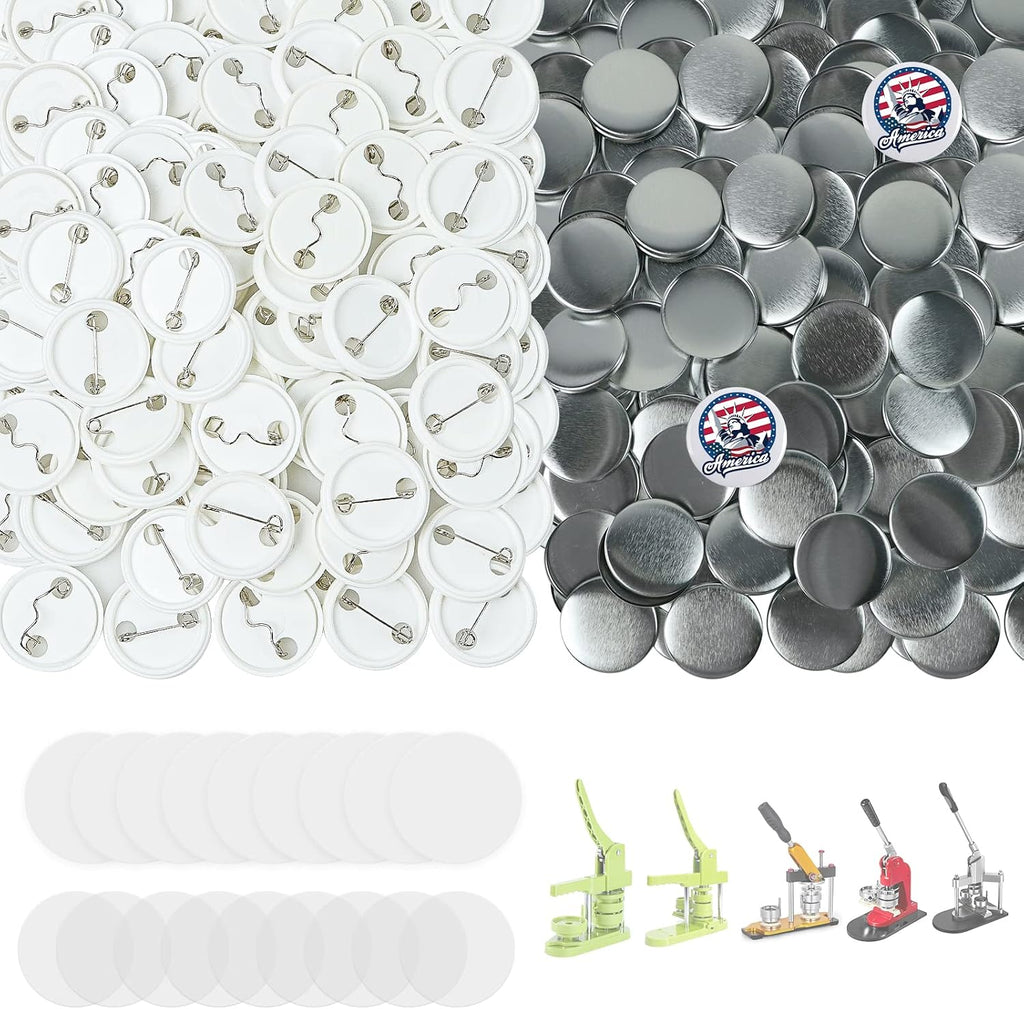 Onemorello 200 juegos de suministros para máquina de botones, piezas de botones de 1,26 pulgadas / 32 mm, suministros para botones, piezas de insignias en blanco de aprox. 1,25 pulgadas con papel en blanco para máquina de hacer botones y alfileres.