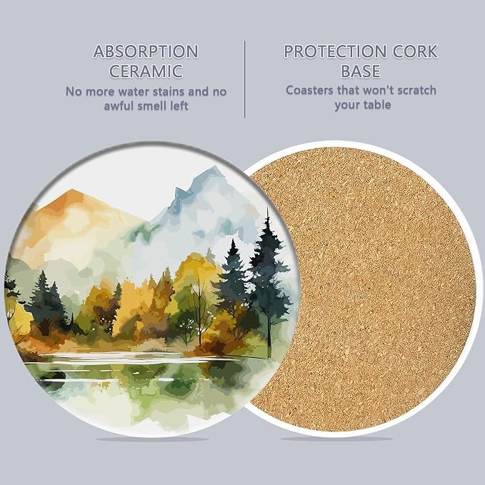 Juego de 6 posavasos de mesa para bebidas, posavasos redondos de cerámica de acuarela bosque nebuloso, con base de corcho y soporte de metal, excelentes regalos para casa nueva y cumpleaños