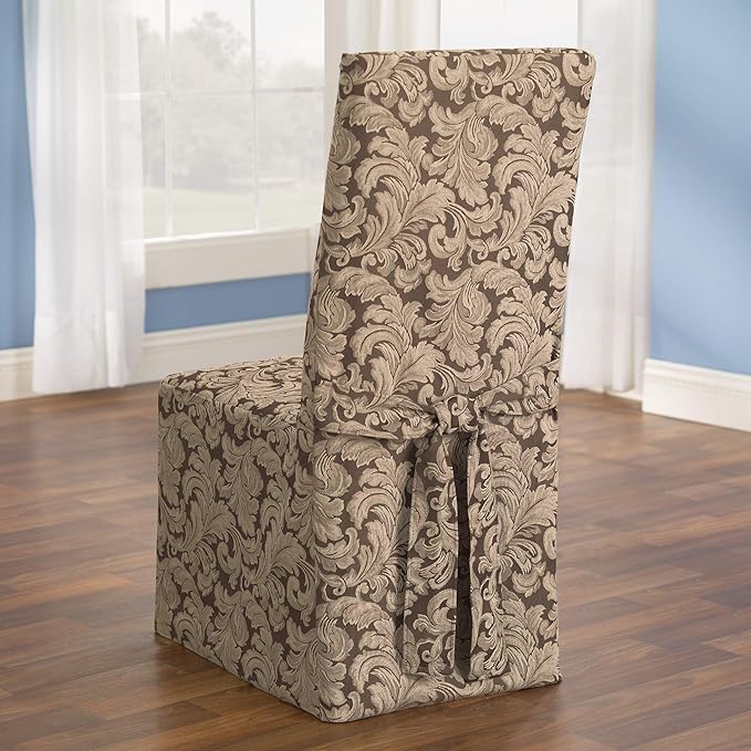 Funda para silla de comedor SureFit Scroll - Falda larga y lazos en la espalda, funda para silla de respaldo alto de ajuste relajado de longitud completa, perfecta para añadir acentos a tu comedor