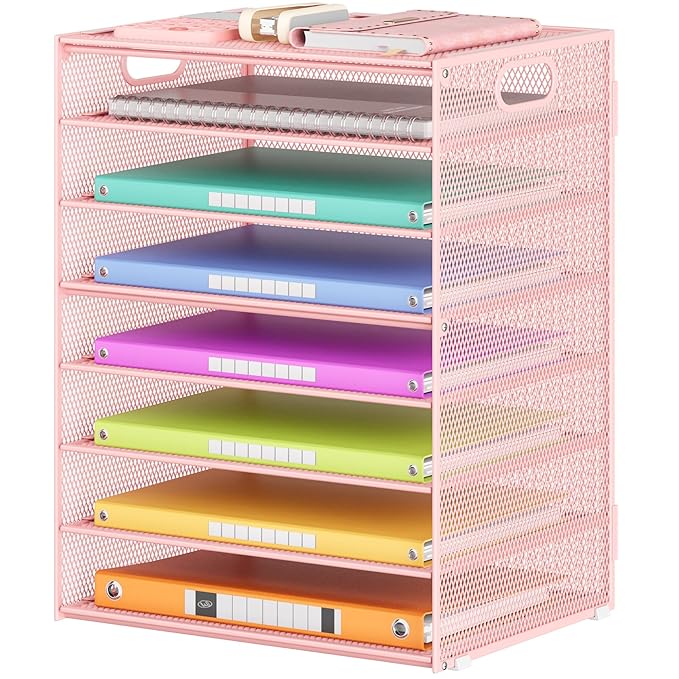 Organizador de Escritorio 8 Niveles con Bandeja para Papeles – Malla Metálica, Asa Lateral, Color Rosa