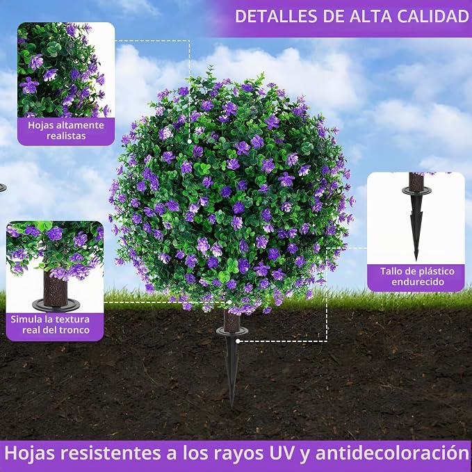 Yangrass Árboles Artificiales de Topiario de Flores Moradas con Estaca para el Suelo, Juego de 2 Arbustos Artificiales Resistentes a los Rayos UV, Arbustos de Plantas Artificiales de Hoja Perenne