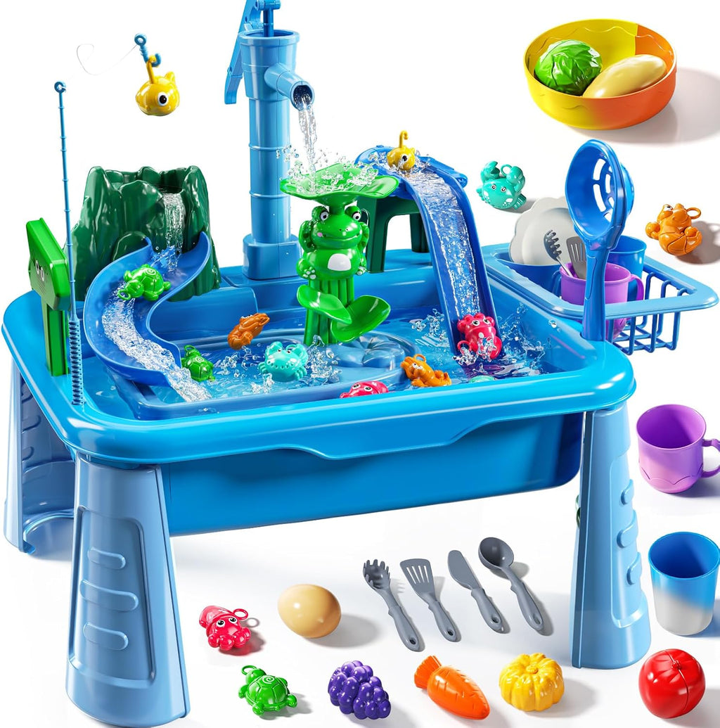 Mesa de agua de juguete con fregadero para niños de 2, 3, 4, 5 y 6 años - Cocina de exterior con agua corriente, juegos de pesca, mesa de agua para niños pequeños de 3 a 8 años, juguetes de playa para exteriores (azul)