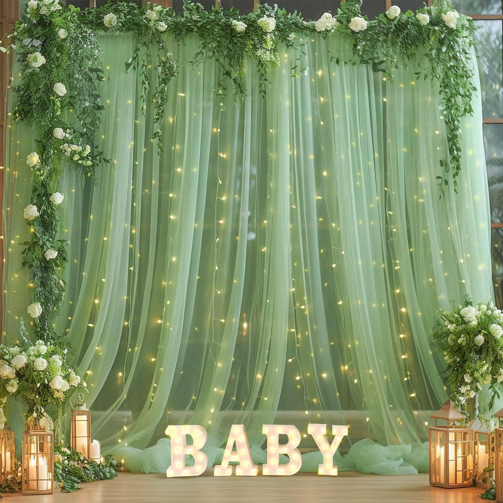 Cortina de fondo de tul verde de 3 metros con guirnalda de luces para fiestas, cortina transparente para fotos de bodas y fiestas.
