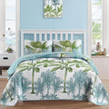 Luxudecor Juego de Edredón de Plantas Tropicales Tamaño Queen 3 Piezas Colcha Botánica de Palmeras Verde y Azul