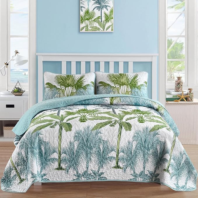 Luxudecor Juego de Edredón de Plantas Tropicales Tamaño Queen 3 Piezas Colcha Botánica de Palmeras Verde y Azul