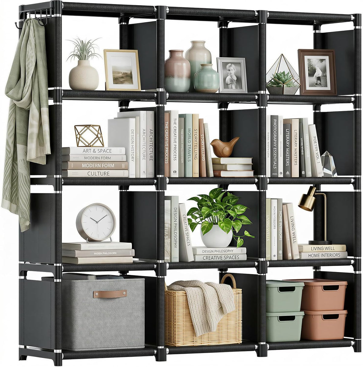 Estantería Mavivegue, organizador de almacenamiento de 6 cubos, librería DIY, estantería metálica de cubos, librería alta para dormitorio, sala de estar, oficina, organizador de almacenamiento para armario, estante de almacenamiento de cubículos negro