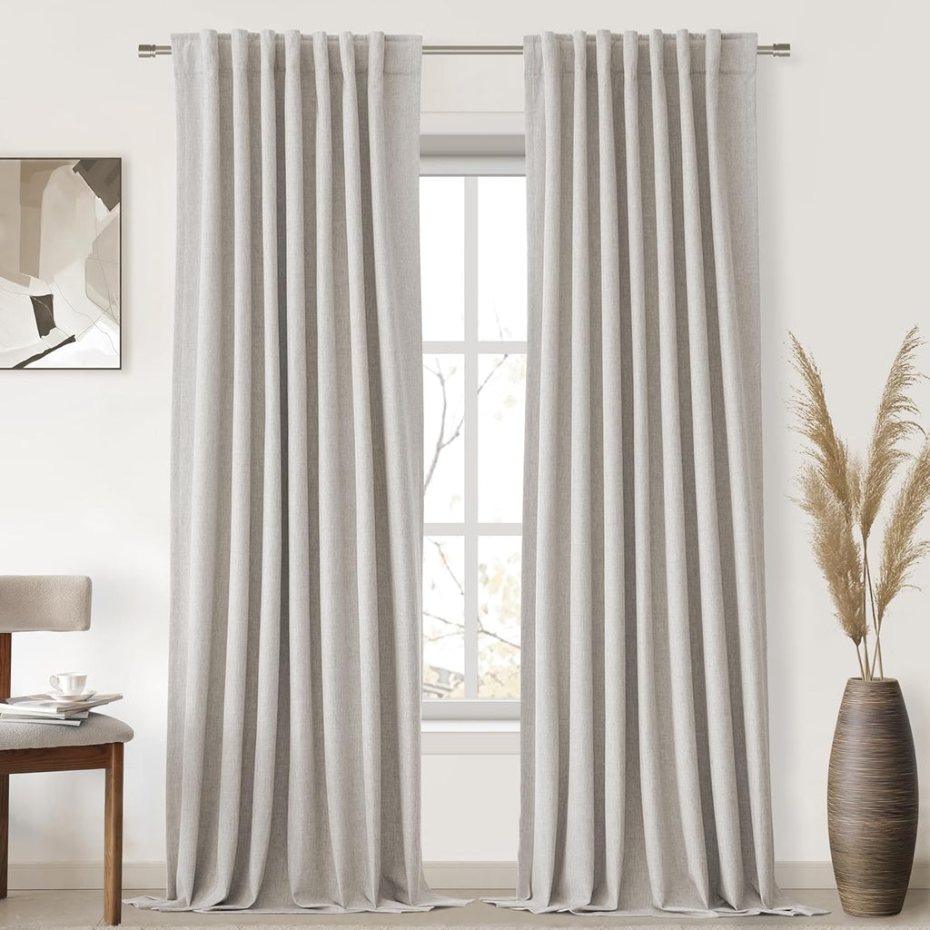 UHITECH Linen Blackout Curtains for Living Room Pinch Pleated Insulated Curtain 90 Inch Length 2 Panels Set Black Out Drapes for Bedroom Window (Natural, 52W x 90L)