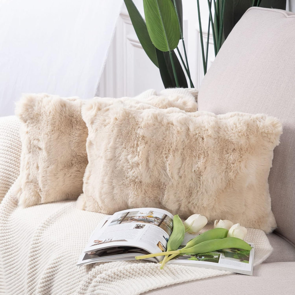 MADIZZ Pack of 2 Thick Plush Wool Throw Pillow Covers 12x20 Inch Beige Soft Neutral Decorative Throw Pillows Accent Boho Cushion Covers for Couch Sofa Bedroom Pillow Shell