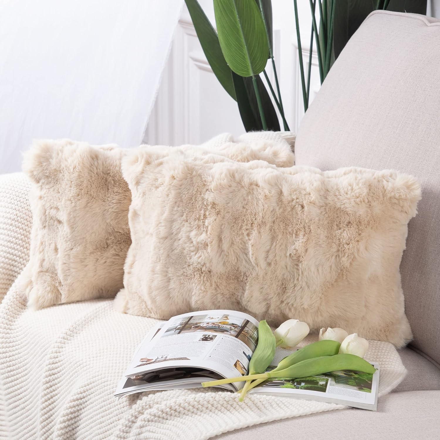 MADIZZ Pack of 2 Thick Plush Wool Throw Pillow Covers 12x20 Inch Beige Soft Neutral Decorative Throw Pillows Accent Boho Cushion Covers for Couch Sofa Bedroom Pillow Shell