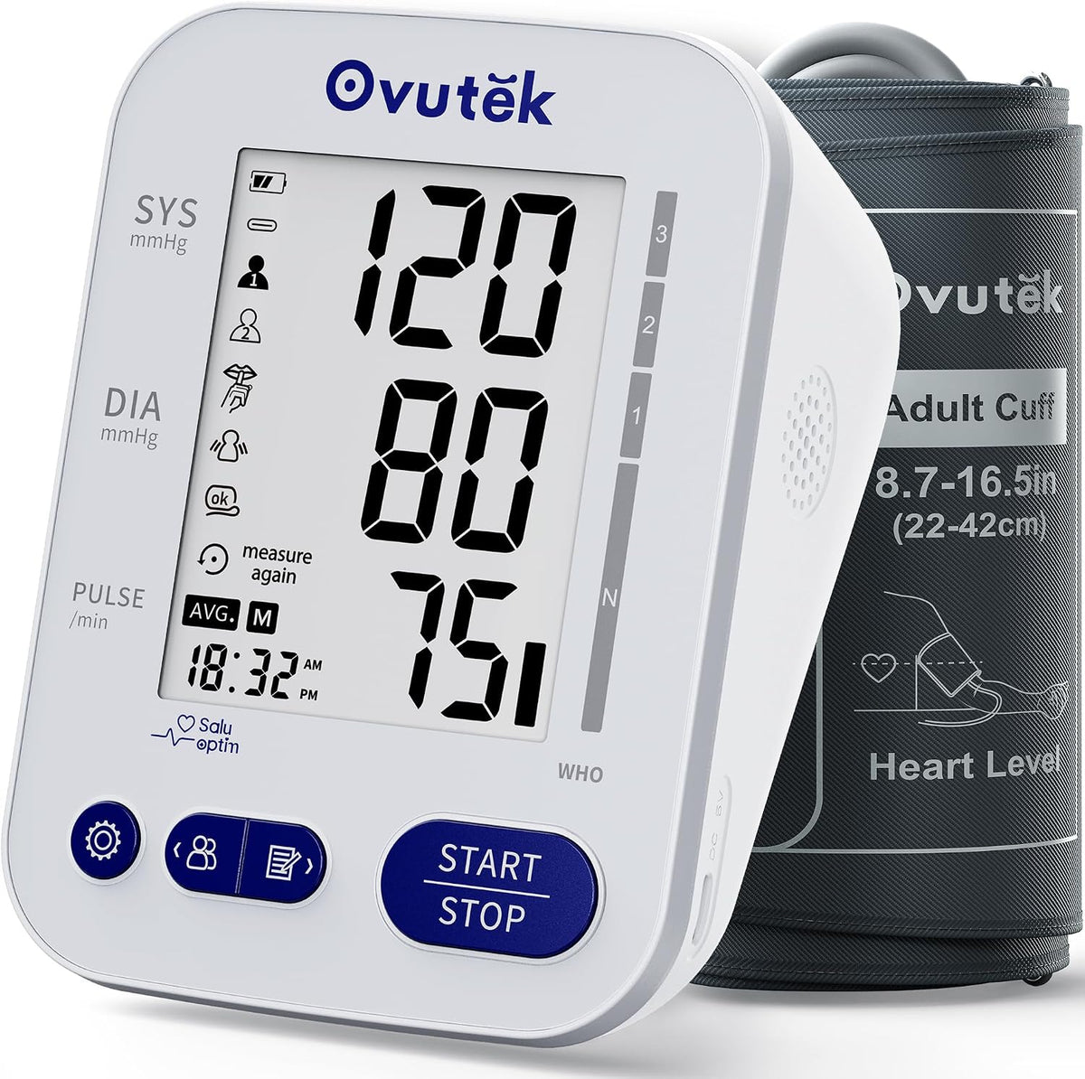 Ovutek Monitor de Presion Arterial para Casa | Brazalete Grande con 240 Memorias para 2 Usuarios | Tensiometro de Brazo | Medicion Precisa con Pilas y Cable Tipo-C