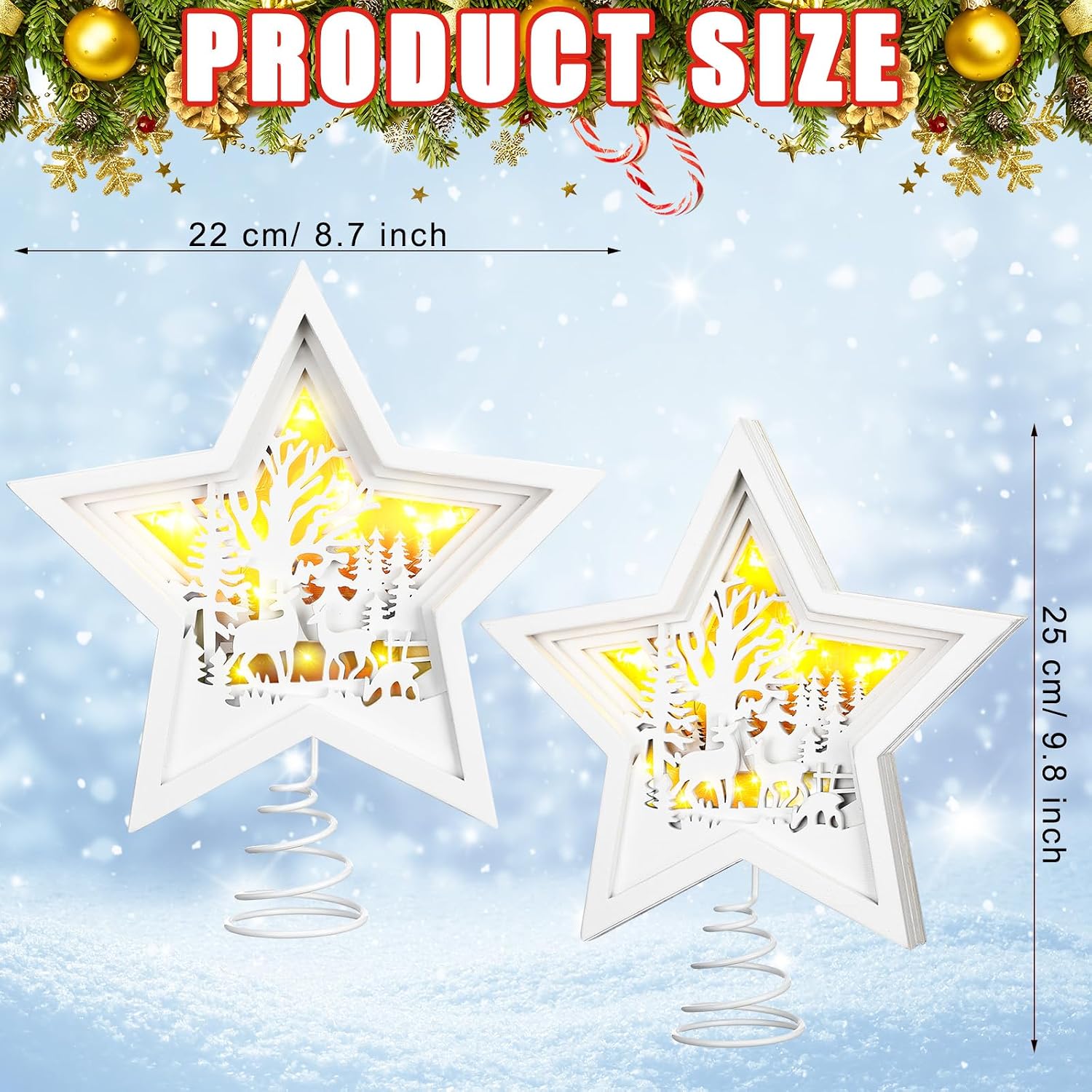 Beeveer Adorno para la Punta del Árbol de Reno de Navidad Iluminado de Madera Rústica Estrella del País de las Maravillas Decoración Blanca Hueca Estrella de Belén Ciervo del Bosque LED Ornamento 3D