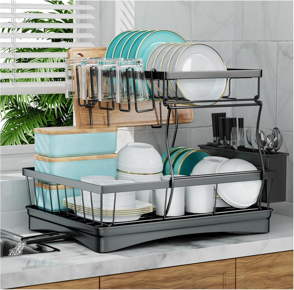 Escurridor de Platos Grande de 2 Niveles | Organizador Desmontable de Gran Capacidad para Encimera de Cocina | con Portacubiertos | Negro