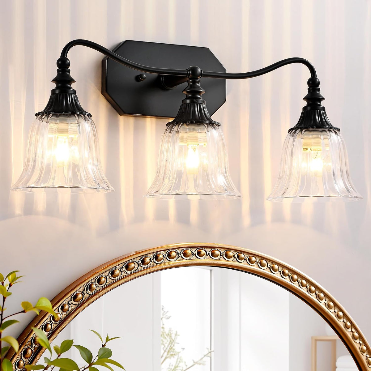 Luminaria de Tocador de Baño Negra Vintage LmnLvn, Iluminación de Baño 3 Luces Acabado de Latón Antiguo Mate con Pantalla de Cristal, Luz de Tocador Negra Vintage para Baños