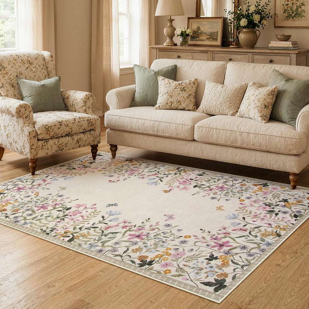 Alfombra lavable Wonnitar de 4x6 para dormitorio, alfombra con estampado floral para sala de estar, alfombra antideslizante para entrada, alfombra botánica de pelo corto para mesita de noche (beige, 4'x6')