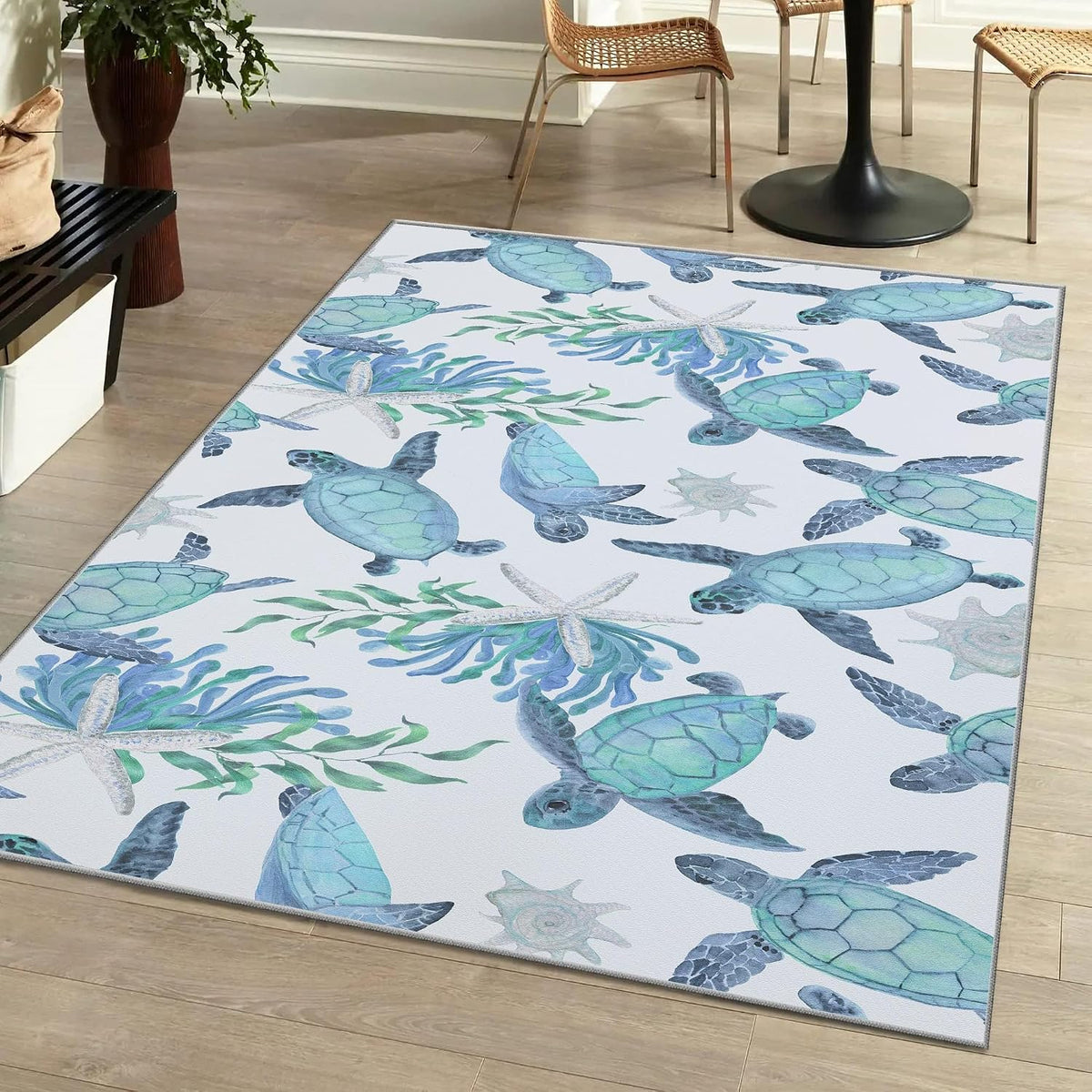 Alfombras de área de tortugas marinas costeras con temática de playa, estrellas náuticas de mar, coral decorativas, antideslizantes, para sala de estar, recámara, azul, 3 x 5 pies