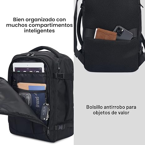 ECOHUB Mochila de Viaje Mochila de Artículo Personal con 13 Bolsillos Bolsas de Mano para Aviones, Negro, Negocios