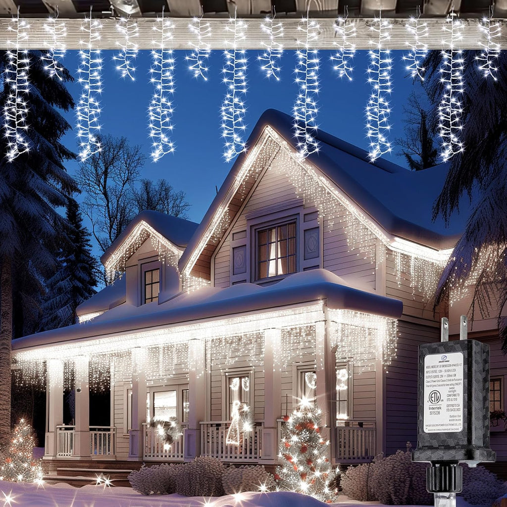 Luces de carámbano Brightown para exteriores, 6 m, 1125 LED, luces navideñas para exteriores con 30 luces, luz navideña con temporizador para el borde del techo de la casa, blanco puro 