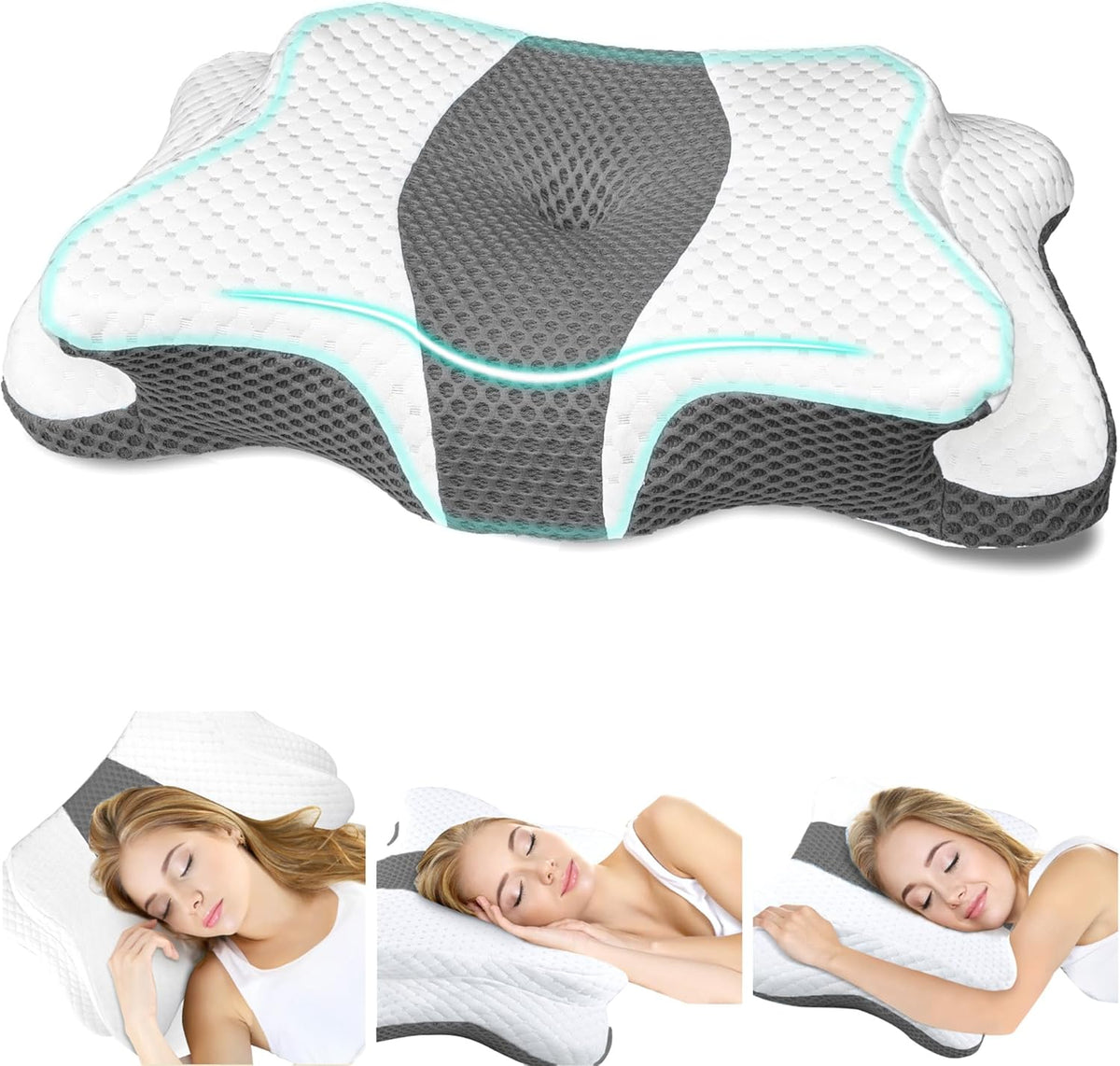 Almohadas de espuma viscoelástica CHxxy, almohada cervical para aliviar el dolor de cuello y hombros, almohada ergonómica contorneada para cama, suave para dormir de lado, boca abajo y boca arriba - Tamaño Queen y gris