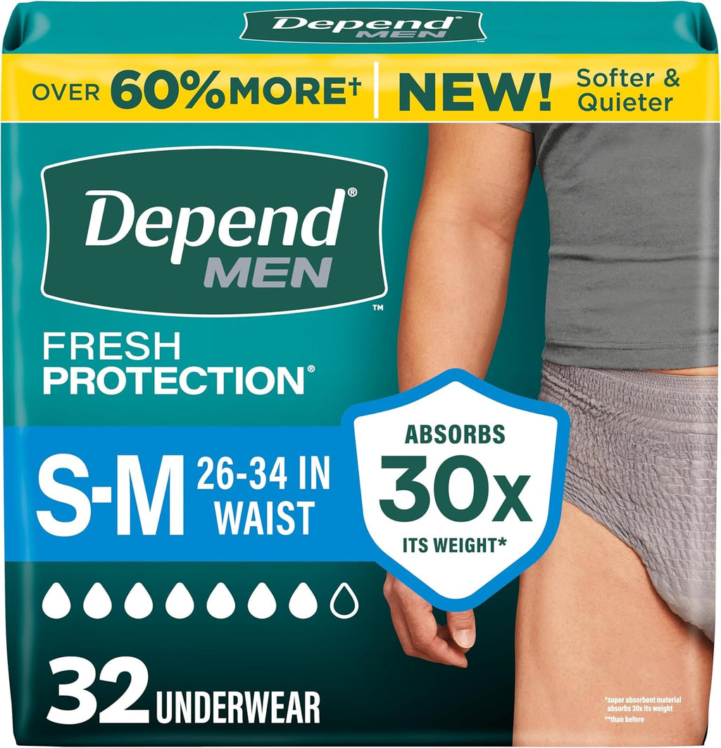 Pañales Depend Fresh Protection para Adultos | Ropa Interior para Incontinencia Masculina | Desechables, Máxima Absorción, Talla S/M, Gris, 32 Unidades