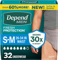 Pañales Depend Fresh Protection para Adultos | Ropa Interior para Incontinencia Masculina | Desechables, Máxima Absorción, Talla S/M, Gris, 32 Unidades