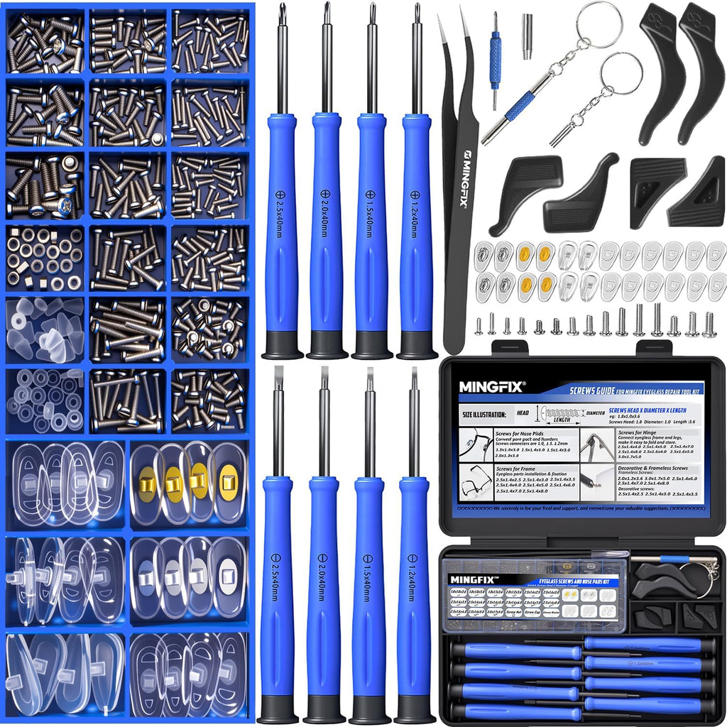 Kit de reparación de gafas, juego de herramientas magnéticas para reparación de gafas MINGFIX con tornillos de varios tamaños, 8 destornilladores de precisión, almohadillas nasales, soportes para las orejas y pinzas con estuche de viaje para gafas y