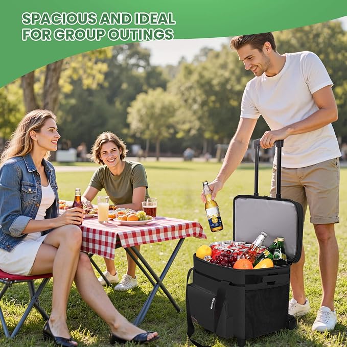 Bolsa Enfriadora MIYCOO con Ruedas Doble Cubierta para 60 Latas, Aislada Impermeable Portátil, Lonchera Enfriadora Expandible de Hielo Extra Grande para Playa, Picnic, Campamento, Compras