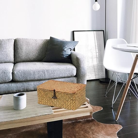 Cesta de mimbre con tapa, cestas de almacenamiento de hierba marina natural para organizar, cesta tejida para almacenamiento, cajas decorativas con tapas para decoración del hogar (‎natural, pequeña)